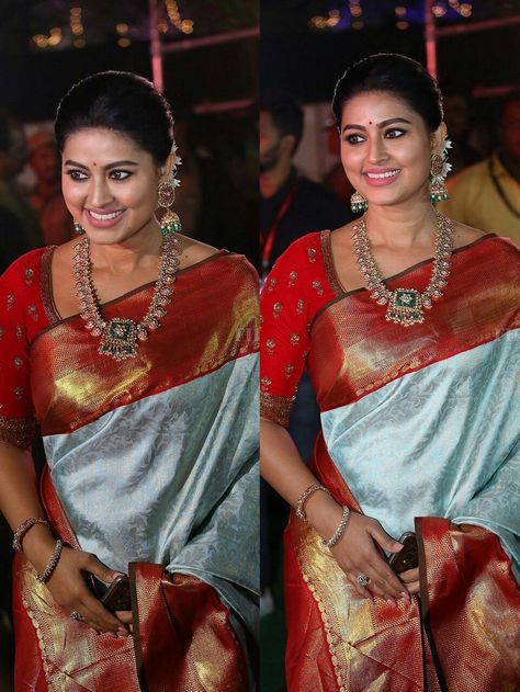 Actress Sneha. Actress Sneha Blouse Design, Actress Sneha In Silk Saree, Sneha Saree, Sneha Prasanna, Silver Saree, Saree Casual, Actress Sneha, Saree Pattu, Sneha Actress