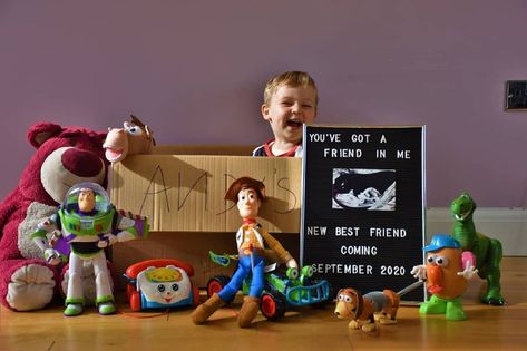 Disney Sibling Announcement, Toy Story Sibling Announcement, Disney Announcement To Kids, Toy Story Baby Announcement, Big Brother Christmas Announcement, Disney Baby Announcement With Sibling, Toy Story Pregnancy Announcement, Disney Pregnant Announcement, Disney Baby Announcement