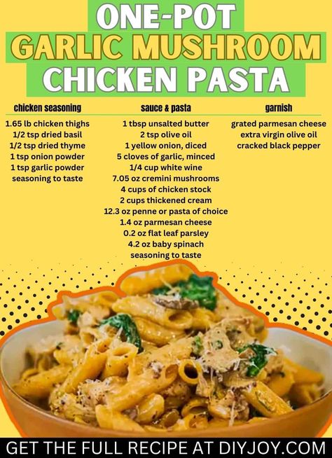 One-Pot Garlic Mushroom Chicken Pasta Recipe via @diyjoycrafts Creamy Garlic Mushroom Chicken, Garlic Mushroom Pasta, Garlic Mushroom Chicken, Chicken Mushroom Pasta, Creamy Garlic Mushrooms, Chicken Recipies, Garlic Mushrooms, Mushroom Pasta, Chicken Pasta Recipes