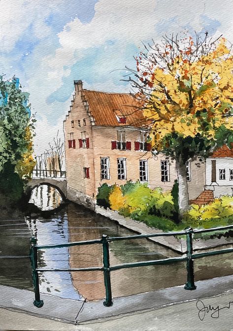 Watercolor Building, River Architecture, Painting Architecture, Watercolor Art Landscape, School Painting, Colour Painting, Architecture Drawing Art, Abstract Watercolor Art, 수채화 그림