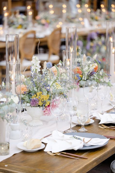 Jenny + Zach — Michelle Leo Events Wedding Farm Table, Rustic Wildflower Wedding, Farm Table Centerpiece, Wedding Table Decorations Blue, White Scabiosa, Yellow Yarrow, Peach Dahlia, White Delphinium, Round Wedding Tables