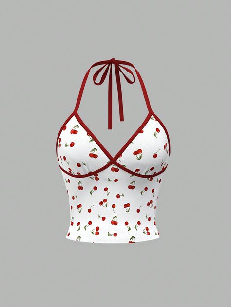 SHEIN ICON Women's  Y2k Summer Outfits Color Block Cherry Print Backless Halter Cute Tank TopsI discovered amazing products on SHEIN.com, come check them out! Shein Y2k Tops, Y2k Clothing Pieces, Cute Halter Tops, Cute Aesthetic Tops, Fruit Outfits, Cute Shein Outfits, Women's Food Service Uniform, Cherry Clothes, Aesthetic Tops