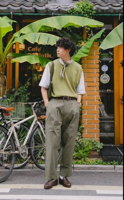 Baggy Clothing Style Men, Men Gen Z Fashion, Green Aesthetic Fashion Men, Artsy Aesthetic Outfits Men, Matcha Outfit Aesthetic, Male Fashion Reference, Men’s Fashion Japan, Men Fashion Colorful, Green Aesthetic Outfit Men