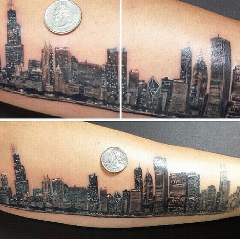 Small Detailed Mens Forearm Chicago Skyline Tattoos Chicago Train Tattoo, Chicago Sports Tattoo, Chicago Skyline Drawing, Chicago Skyline Tattoo, Town Tattoo, Compass Tattoos, Skyline Tattoo, Chicago Tattoo, Heartbeat Tattoo