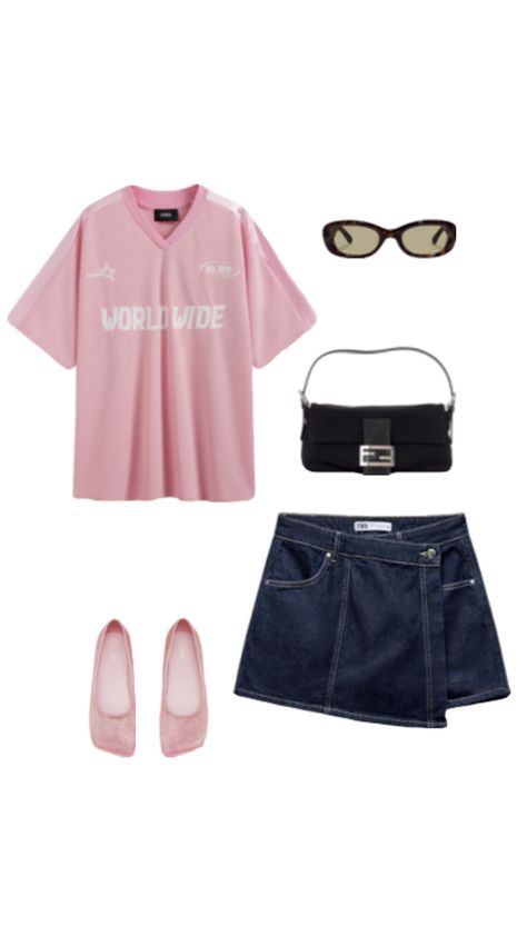 Soccer jersey outfit, Jean skirt outfit, pink outfit, pink soccer jersey, ballet flats, fendi bag, sunglasses outfit, sport event outfit, soccer game outfit Sport Event Outfit, Pink Ballet Flats Outfit, Soccer Game Outfit, Pink Soccer Jersey, Soccer Jersey Outfit, Jean Skirt Outfit, Outfit Jean, Ballet Flats Outfit, Outfit Sport