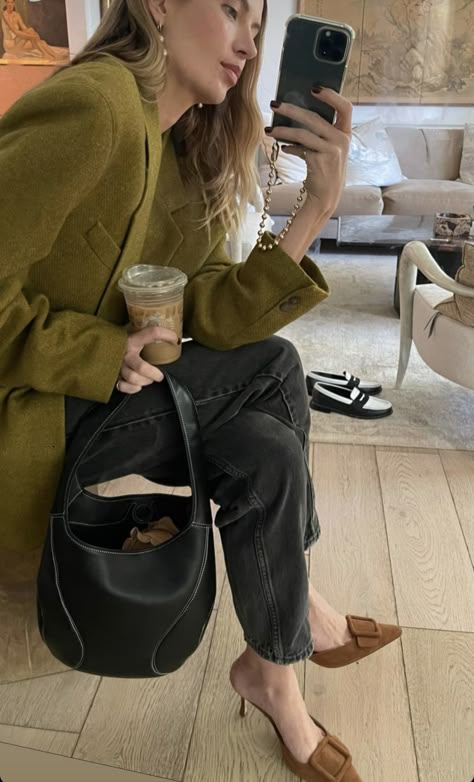 Manolo Blahnik Maysale Mules Outfit, Manolo Blahnik Outfit Street Style, Beige Mules Outfit, Heeled Mules Outfit, Black Mules Outfit, Mule Outfit, Courtney Grow, Olive Blazer, Manolo Blahnik Maysale