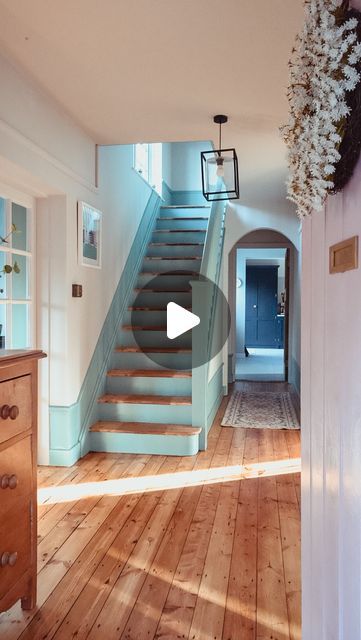 Cara Sutherland on Instagram: "Hallway progress 👌🏼 Just the stair runner left to do! I am actually thinking of painting the tops of the steps blue too as it’s very wood heavy in this room. I will order the runner first but what do you think? The steps need more tlc as they stand and honestly I’m not sure I can face another minute of sanding them 😂 Walls are @farrowandball skimming stone and the trim is @farrowandball Dix Blue. #hallwaydecor #hallwayinspo #hallwayrenovation #1930shallway #houserenovation #moderncountryinteriors" Grey Staircase, 1930s Hallway, Dix Blue, Skimming Stone, Country Interior, The Runner, Stair Runner, Hallway Decorating, House Inspo