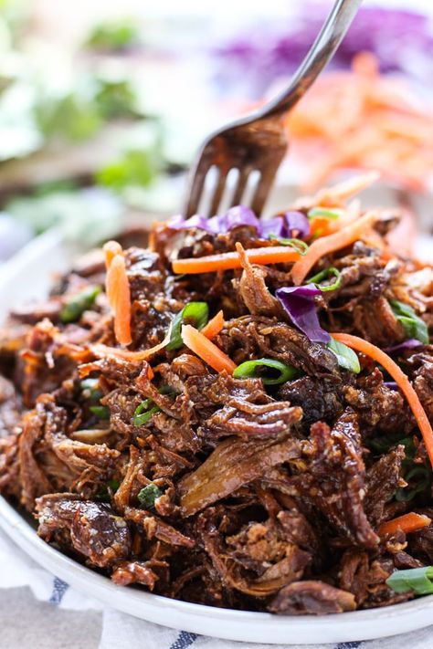 Slow Cooker Asian Shredded Pork - Easy, healthy and yummy! This shredded pork recipe is inspired by Asian flavors, cooked in a crockpot, and perfect on rice, noodles, and tacos. Minimal active time - perfect for busy weeknights! #shreddedpork #pork #Asian #slowcooker #crockpot #easydinner #dinner #quick #easy #light #healthy Asian Shredded Pork, Slow Cooker Asian, Dinner Quick, Asian Pork, Mapo Tofu, Slow Cooked Meals, Shredded Pork, Pork Recipe, Easy Pork