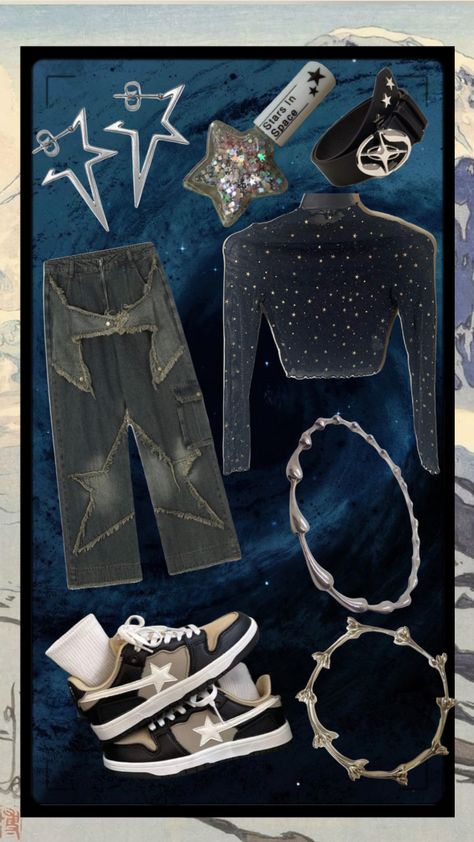 #fashion #dark #silver #silveraesthetic #blue #star #stars #spaceaesthetic #space #outfitinspo #darkblue Astroacademia Outfits, Space Acedamia Outfits, Space Core Outfits, Astronomy Outfit, Space Outfit Aesthetic, Spacecore Fashion, Space Inspired Outfits, Spacecore Outfits, Cosmic Outfit