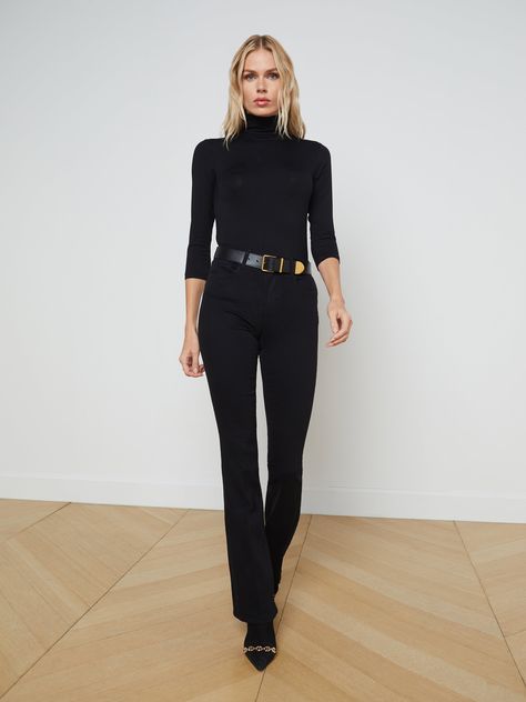 A classic high-rise bootcut jean in true-black. Contoured waistband fits securely at natural waist, then hugs from hip to knee before releasing into a slim bootcut hem. High-recovery super stretch holds its shape, smoothing the figure without sacrificing comfort. Classic five-pocket construction and zip fly closure. | L'AGENCE Selma Bootcut Jean In Noir Black Bootcut Jeans Outfit, Bootcut Jeans Outfit, Black Bootcut Jeans, Closet Wishlist, Corporate Attire, High Rise Bootcut Jeans, Black Jeans Outfit, Fall Attire, Street Style Edgy