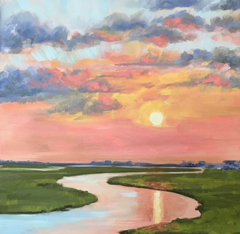 Marsh Landscape, Marsh Art, Canvas Art Landscape, Beach House Art, Flower Canvas Art, Square Painting, Landscape Paintings Acrylic, Gouache Art, Art And Painting