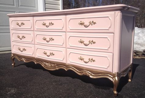 Vintage Nursery Dresser, Provincial Dresser Makeover, French Provincial Dresser Makeover, Shipping Furniture, Pink Dresser, Furniture Dresser, Provincial Dresser, Dresser Redo, French Provincial Dresser