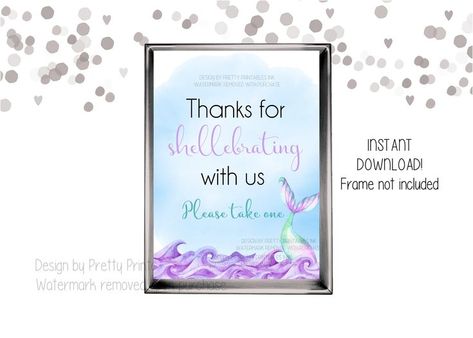 Watercolor mermaid favor sign that says thanks for shellebrating with us - please take one. Features a watercolor mermaid tale splashing out of purple watercolor waves. Mermosa Bar, Mimosa Station, Easy Party Decor, Birthday Party Under The Sea, Mermaid Bridal Showers, Bachelorette Signs, Bridal Shower Bachelorette Party Ideas, Mermaid Favor, Mermaid Bachelorette