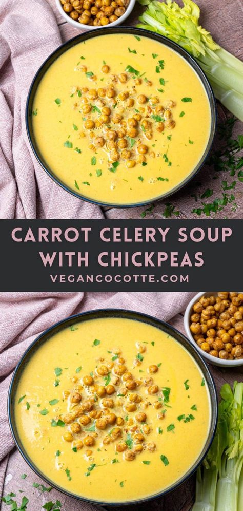 Carrot Celery Soup with Roasted Chickpeas Carrot Onion Celery Recipes, Celery Soup Vegan, Vegan Celery Recipes, Leftover Celery Recipes, Vegan Celery Soup, Carrots Celery Recipe, Carrots And Celery Recipes, Celery And Carrot Recipes, Celery Carrot Soup