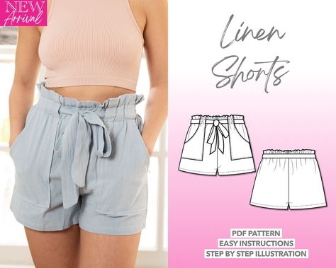 Paperbag Shorts Pattern, Linen Shorts Pattern, Shorts Pattern Women, Shorts Sewing Pattern, Romper Sewing Pattern, Shorts Sewing, Kimono Sleeve Dress, Paperbag Shorts, Shorts Pattern