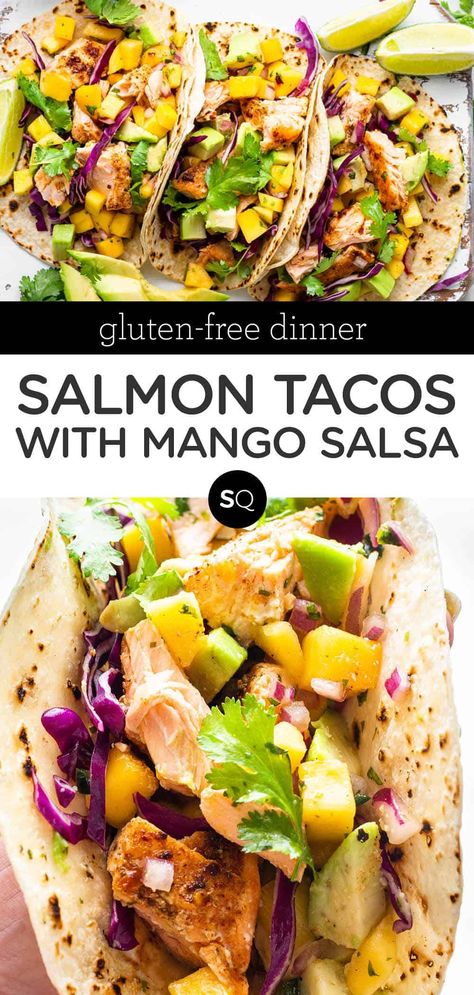 Summer Family Recipes Dinner, Salmon Taco Recipe, Salmon Mango Tacos, Salmon Street Tacos, Salmon Gluten Free Recipes, Summer Dinner Recipes Salmon, Salmon Summer Recipes, Pescatarian Tacos, Summer Light Dinner Ideas