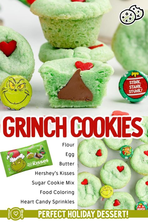 Grinch Cookies Recipe, Grinch Food, Soft Chewy Sugar Cookies, Cookies Stuffed, Grinch Cookies, Christmas Baking Recipes, Cookies Soft, Chewy Sugar Cookies, Christmas Candy Recipes