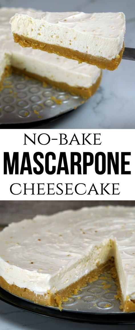 No-bake mascarpone cheesecake that's easy to throw together with simple ingredients that result in the most delicious desert imaginable! #mascarpone #cheese #cheesecake #nobake #dessert No Bake Mascarpone Cheesecake, Mascarpone Cheesecake No Bake, Easy Mascarpone Dessert, Mascarpone Recipes Dessert Simple, Desserts With Marscapone, Mascarpone Cheesecake Recipes, Recipes Using Mascarpone Cheese, Mascarpone Dessert Recipes, Mascarpone Recipes Dessert