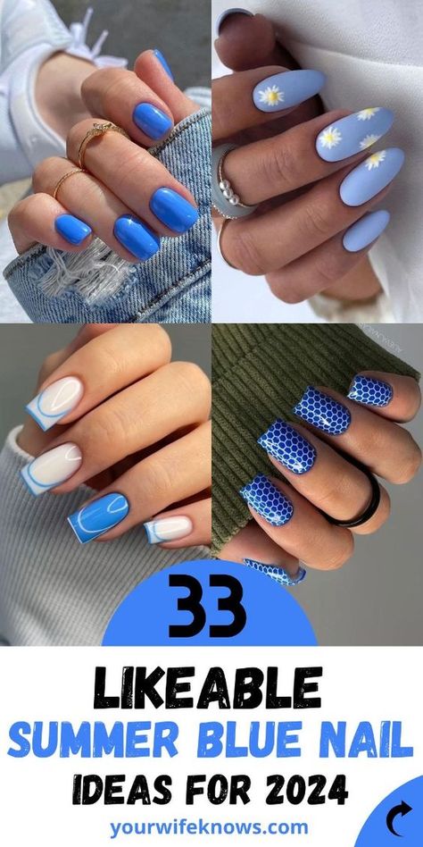 Welcome the sun-kissed days and starry nights of summer with our versatile collection of Summer Blue Nails Short styles. Perfect for any occasion, from leisurely beach days to elegant evenings out, our designs feature a range of bright, cute, and simple options. Explore the perfect blend of summer vibes, incorporating everything from acrylic simplicity to almond elegance, ensuring your nails are always ready to make a splash. Summer Blue Nails, Bright Blue Nails, Blue Nail Ideas, Summer Nails Almond, Cruise Nails, Blue Nail Color, Blue And White Nails, Blue Gel Nails, Summer Gel Nails