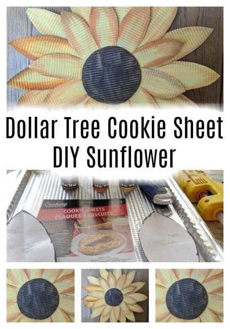 This tutorial shows you how to make a tin sunflower using tin throw away cookie sheets or oven sheets from the Dollar Tree store. For this tutorial you will need some sharp scissors, I do not recommend using your … Read More... Outdoor Sunflower Decor, Sunflower Farmhouse Kitchen, Dollar Tree Outdoor Diy Summer, Diy Outdoor Wall Decor, Sunflower Crafts For Adults, Sunflower Crafts Diy, Diy Sunflower Decor, Foil Flowers, Sunflower Wreath Diy