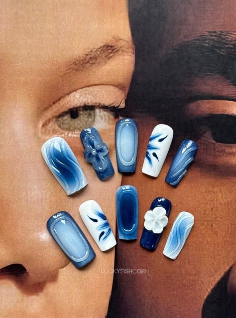 Blue spray nails/Trendy nails/Blue press on nails long /Blue nails/3d flower nails/Dreamy nails/blue and white porcelain nail What Matches With Blue, Light Blue 3d Flower Nails, North Carolina Nails, Blue Acrylic Nail Designs Ideas, Red Blue And White Nails, Blue 3d Nail Art, Light Blue And Navy Nails, Carribean Blue Nails, 3d Flower Nails Blue