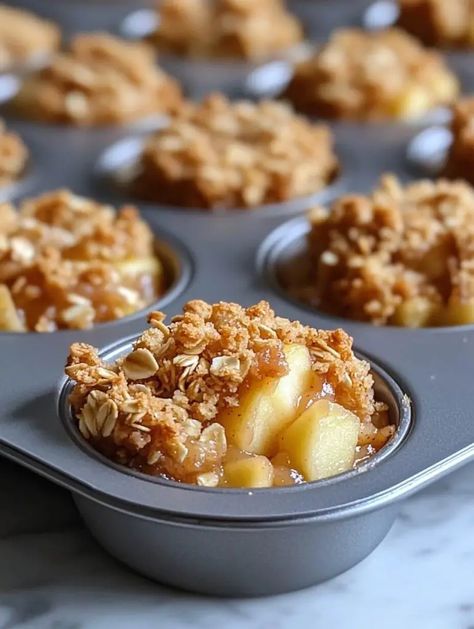 Individual Apple Pies Muffin Tins, Apple Crisp Muffin Tin, Apple Crumble Cups, Apple Crisp Cups Easy, Mini Apple Crisps In Muffin Tin, Easy Mini Apple Pies In Muffin Tin, Small Apple Pies Muffin Tins, Apple Crisp In Cupcake Pan, Mini Apple Pie Recipe Muffin Tins