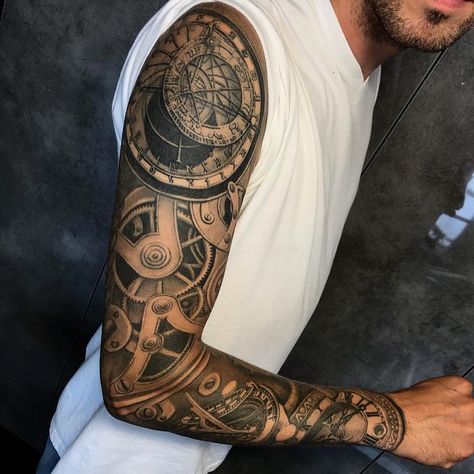 Mechanical Sleeve Tattoo, Family Sleeve Tattoo, Sleeve Tattoos For Men, Gear Tattoo, Mechanic Tattoo, Skull Sleeve Tattoos, Disney Tattoo, Gorgeous Tattoos, Full Sleeve Tattoos