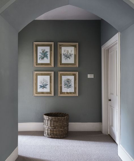 How can you make a cool gray room feel warm and inviting? | Hallway Ideas Grey, Gray Scheme, Grey Hallway Ideas, Painted Hallway, Grey Hallway, Gray Room, Cool Backdrops, Dark Grey Walls, Grey Dining Room