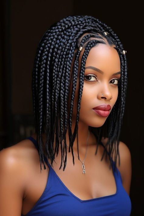 70 Best Box Braids Hairstyles for Every Occasion Chunky Box Braids, Bob Length, Braids Bob, Box Braids Bob, Twist Box Braids, Braids With Shaved Sides, Κούρεμα Bob, Unique Braids, Medium Box Braids