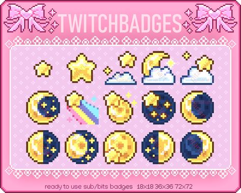 Pixel Moon Icon, Pixel Art Twitch Badges, Pixel Twitch Badges, Starry Night Pixel Art, Night Pixel Art, Star Pixel Art, Pixel Stars, Pixel Moon, Moon Pixel Art