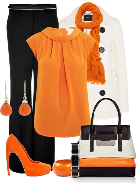 "Orange sets: the orange shoes" by madamedeveria ❤ liked on Polyvore Orange Outfits For Women, Ck Outfit, Orange Shoes Outfit, Orange And Black Outfit, Orange Top Outfit, Ssense Fashion, Orange Accessories, Apple Shape, Chique Outfits