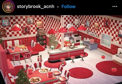 Acnh Fast Food Restaurant, Acnh Red Theme, Red Acnh Design, Acnh Ketchup House Interior, Acnh Dlc Ideas, Acnh Cute Island Inspiration, Acnh Diner, Acnh Interior Designs, Acnh Rooms