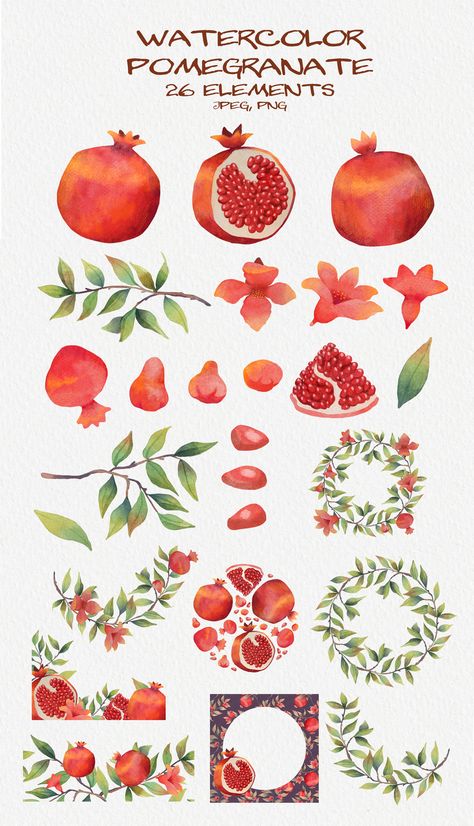 Watercolor Pomegranate Tutorial, Pomegranate Watercolor Painting, Watercolour Pomegranate, Pomegranates Aesthetic, Pomegranate Flower Tattoo, Pomegranate Theme, Watercolor Frame Border, Pomegranate Illustration, Pomegranate Drawing