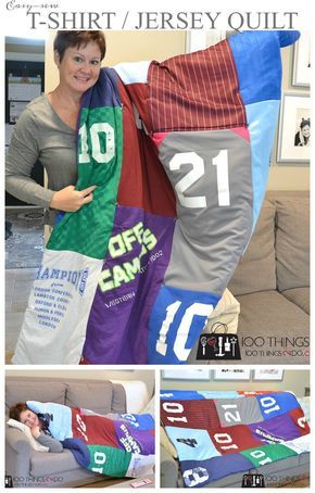 Easy t-shirt quilt, cheater t-shirt quilt, jersey blanket Diy Tshirt Blanket Easy, Jersey Quilt Diy How To Make, Tshirt Blanket Diy, Tshirt Quilt Tutorial, Tshirt Quilt Diy, Jersey Blanket, Tshirt Quilt Pattern, Beginner Quilt Tutorial, Shirt Blanket