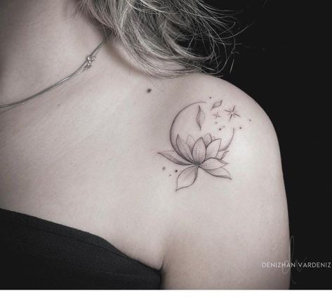 Lotus Tattoo On Shoulder, Women’s Back Of Neck Tattoo, Lotus Collar Bone Tattoo, Thigh To Hip Tattoo, Lotus Flower Tattoo Neck, Lotus Flower Tattoo Behind Ear, Lotus Flower Neck Tattoo, Lotus Neck Tattoo, Floral Sternum Tattoo Women