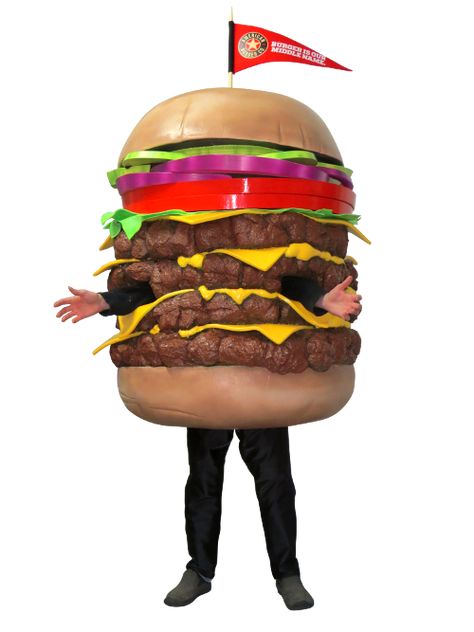 Meet the 4 patty cheeseburger Roadie, the Mascot of American Burger Co. Created by BAM Mascots. Burger Costume, American Burger, American Burgers, Food Costumes, Sponge Bob, French Fries, Mascot Costumes, Junk Food, Cheeseburger