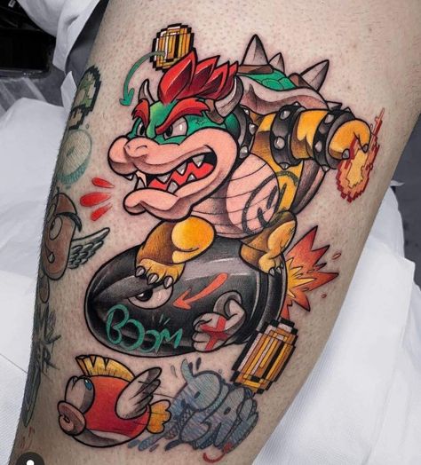 Bowser Tattoo, Video Game Tattoo Ideas, Game Tattoo Ideas, Healer Tattoo, Super Mario Tattoo, Nintendo Tattoo, Game Tattoo, Mario Tattoo, Inner Bicep Tattoo