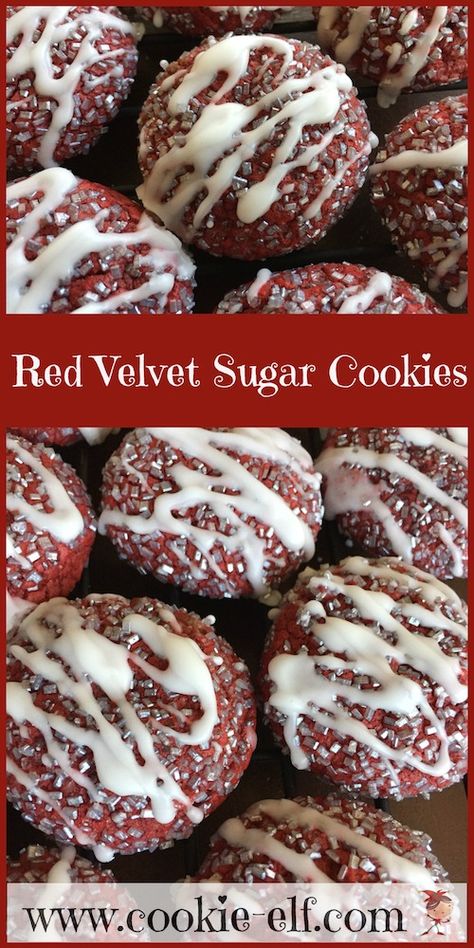 Red Velvet Sugar Cookies with The Cookie Elf Red Velvet Sugar Cookies, Snowflake Cookies Recipe, Velvet Sugar Cookies, Cookie Table Wedding, Easy Sugar Cookie Recipe, Jumbo Cookies, Velvet Recipes, Baked Gifts, Red Velvet Cookie Recipe