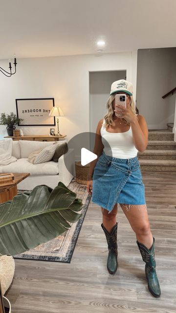 jordan rodgers | nashville on Instagram: "@jorrodgers Country Concert outfit inspo as a pear shaped body 🍐✨🫶🏼

Obsessed with this skirt & I love the asymmetrical detail!! ALSO, I think I’m replacing cowgirl hats with trucker hats now 🤣✨

Make sure to be following me (or IG won’t let me message you first) & comment “link” to get all outfit details to your DMs! 🫶🏼

Country concert, denim skirt outfit, country concert inspo, country concert outfit, cowgirl boots, trucker hat, Morgan Wallen concert, Zach Bryan concert, curvy bodies, pear shaped body" Curvy Cowgirl Outfits, Pear Body Shape, Denim Skirt Outfits, Country Concert Outfit, Country Concerts, Cowgirl Hats, Cowgirl Outfits, Cowgirl Boots, Outfit Details