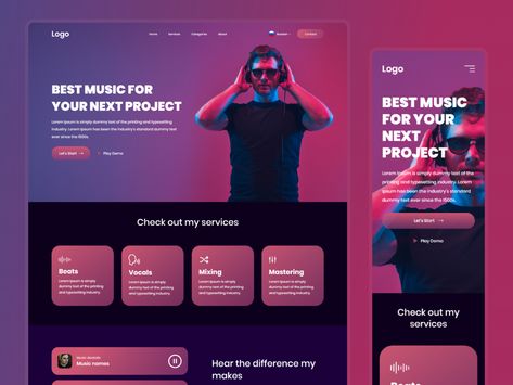 Recording Studio - Landing Page Design (Mobile & Web) by Md Rasel Al Mamun 🚀 Music Landing Page Design, Music Landing Page, Keyboard Shortcuts Symbols, Sound Studio Design, Mobile Landing Page, Mobile Website Design, Music Recording Studio, App Promotion, Footer Design