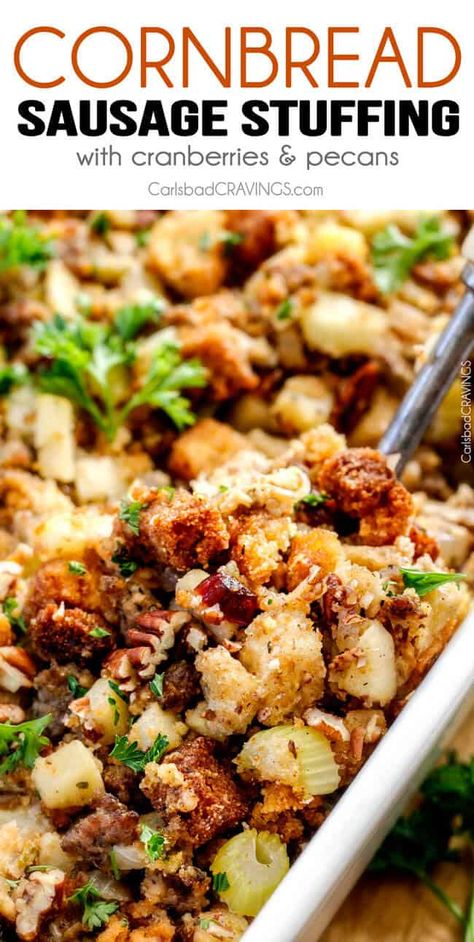 Thanksgiving Cornbread Sausage Stuffing (Dressing) with dried cranberries, apples and pecans is is destined to become your new go-to recipe!! The wonderfully savory, buttery herb infused stuffing is moist, flavorful, easy and absolutely addicting! Cornbread Sausage Stuffing, Thanksgiving Cornbread, Sausage Dressing, Thanksgiving Corn Bread, Cornbread Stuffing Recipes, Sausage Cornbread Stuffing, Sausage Stuffing Recipe, Dressing Recipes Thanksgiving, Dinner Suggestions