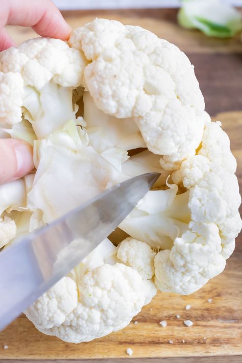 Learn How to Cut Cauliflower into florets using these easy step-by-step directions and instructional photos.  After you properly select, store, and cut up a head of cauliflower you can use this low-carb, high-fiber vegetable in your favorite healthy recipes!  #howto #cut #cauliflower #lowcarb #keto #vegan #cooking Ways To Cook Cauliflower, Roasted Cauliflower Head, Buffalo Cauliflower Recipes, How To Cook Cauliflower, Easy Healthy Side Dishes, Garlic Mashed Cauliflower, Mashed Cauliflower Recipe, Creamy Cauliflower Soup, Roasted Cauliflower Recipes