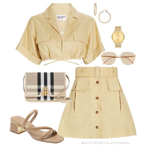 Yellow Spring Outfit, Linen Top And Skirt, Beige Sunglasses, Beige Mules, Fashion Airport, Arizona Vacation, Burberry Shoulder Bag, Vetements Clothing, Top And Skirt Set