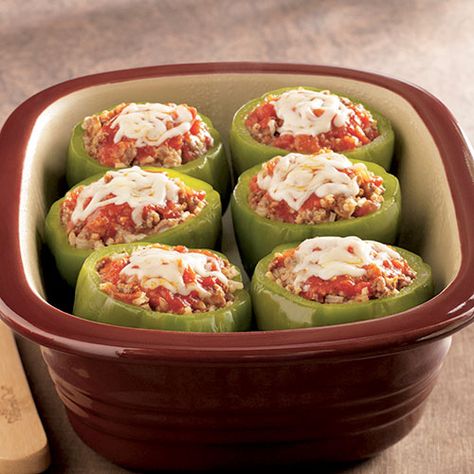 Italian Stuffed Bell Peppers - The Pampered Chef® Italian Stuffed Bell Peppers, Stone Wave Recipes, Slow Cooker Stuffed Peppers, Pampered Chef Recipes, Green Peppers, Buttermilk Pancakes, Insta Pot, Crock Pot Slow Cooker, Crock Pot Cooking