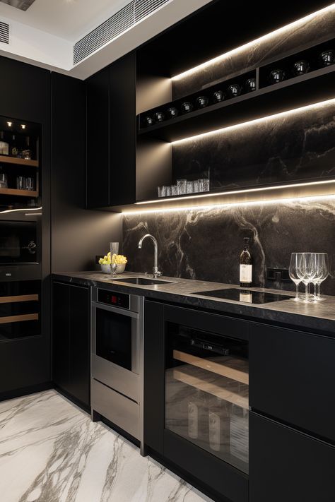 Cooking Aesthetic Kitchen, Aesthetic Kitchen Black, Black Interior Design Luxury, Dark Interior Design Luxury, Black Contemporary House, Black Small Kitchen, Rich Kitchen Luxury, Black Kitchen Modern, Black House Interior Design