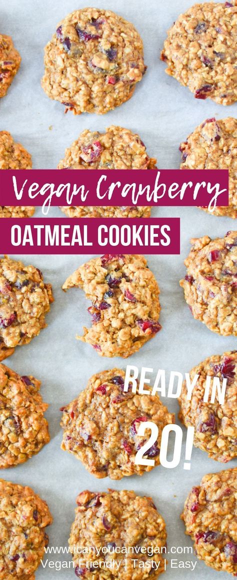 These Vegan Oatmeal Cranberry Cookies are SO BOMB! Packed with cranberries in every bite! These cranberry oatmeal cookies are soft, chewy, and delicious! Ready in 20 minutes! The perfect vegan dessert or vegan snack. Trust me, your family will love these! #VeganCookies #VeganSnacks #Cranberry #OatmealCookies #CranberryOatmeal #CranberryOatmealCookies #Vegan #VeganDesserts #VeganSweets #VeganRecipes #EasyVeganCookies #EasyOatmealCookies #EasyCookies Cranberry Oatmeal Cookies, Easy Vegan Cookies, Cranberry Oatmeal, Oatmeal Cookies Easy, Oatmeal Cranberry Cookies, Vegan Oatmeal, Vegan Cookies Recipes, Easy Oatmeal, Vegan Snack