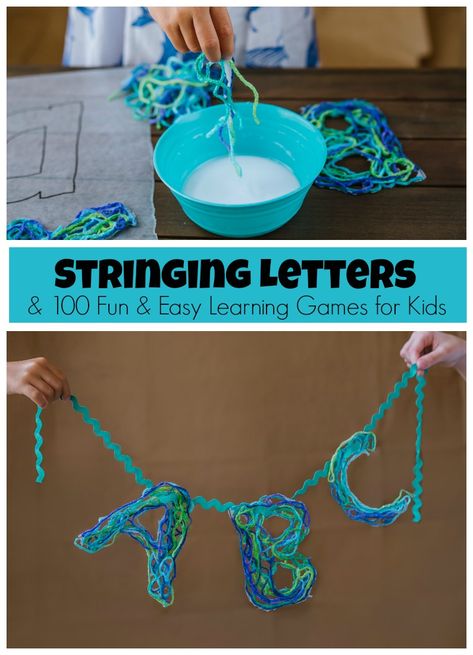 Stringing Letters learning game! Make string letters & turn them into a fun game that teaches alphabet order and even simple spelling! Rainbow Eating, Nurture Room, Letter Learning Games, String Letters, Easy Games For Kids, Room Crafts, Fun Learning Games, Learning Games For Kids, Learning Abc