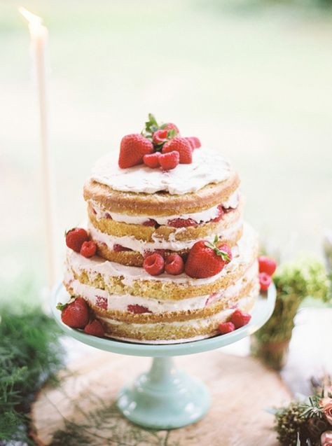 Trending: Naked Wedding akes | As seen on TodaysBride.com | Julie Paisley Photography Rustic Strawberry Shortcake, Wedding Cake Strawberry Shortcake, Rustic Strawberry Cake, Wedding Strawberry Shortcake, Ischia Wedding, Strawberry Shortcake Wedding Cake, Cape May Wedding, Unfrosted Cake, Italian Wedding Cakes