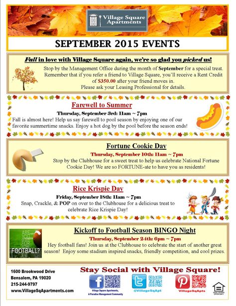 FALL in love with Village Square at our September events!! Apartment Community Newsletter Ideas, September Senior Activities, Apartment Activities For Residents, October Events For Residents, September Events Ideas, September Resident Event Ideas, September Marketing Ideas, September Resident Events, Fall Resident Events Ideas Apartments