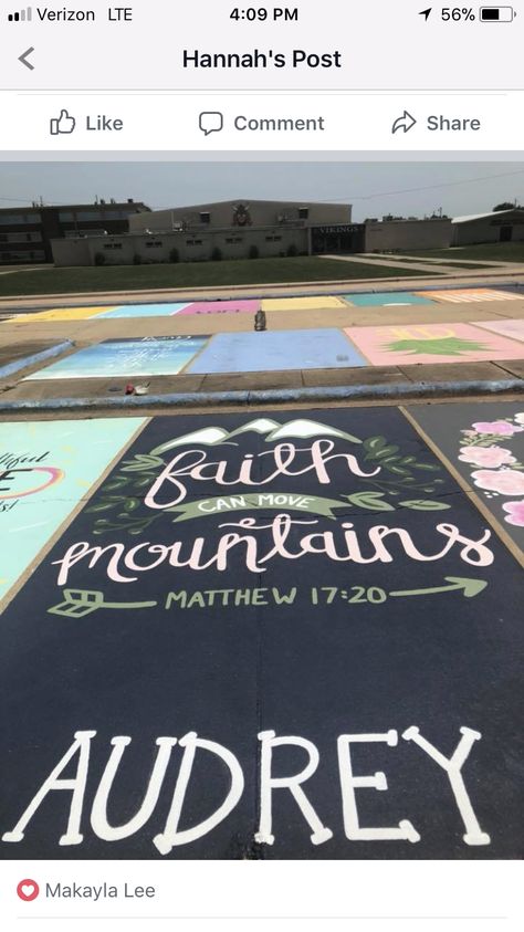 My cute Southern , Louisiana High school ! Get to paint their own personalized parking spot. So stinking cute ! Parking Curb Painting High School, Senior Parking Spot Bible Verse, Senior Parking Spaces Jesus, Bible Verse Parking Spot Painting, Senior Parking Space Ideas Bible Verse, Bible Verse Senior Parking Spot, Senior Parking Spaces Bible Verses, Cute Painted Parking Spots, Senior Parking Spaces Christian